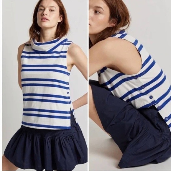 ANTHRO MAEVE Striped Sailor Cowl-Neck Sleeveless Knit White Blue Size Small - Picture 1 of 11